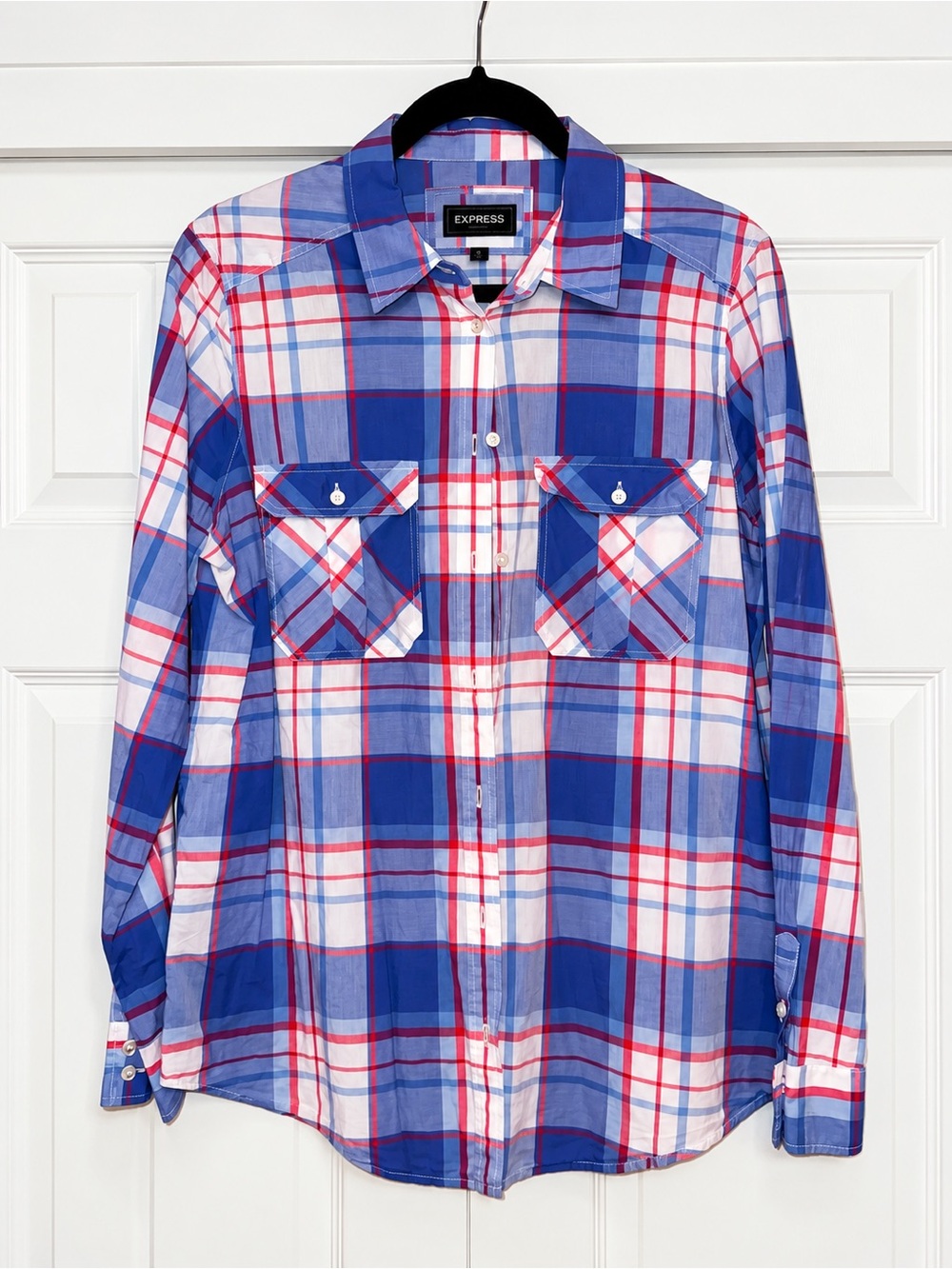 Express Blue, White & Red Plaid Casual Button-Down Shirt